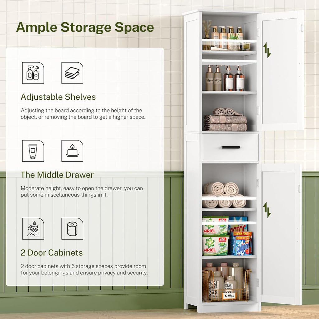 TEENFON Tall Bathroom Cabinet, Storage Cabinet with 6 Shelves & Drawer, Bathroom Storage Cabinet with Adjustable Shelves, Tall Cabinet for Living Room, Home Office, White