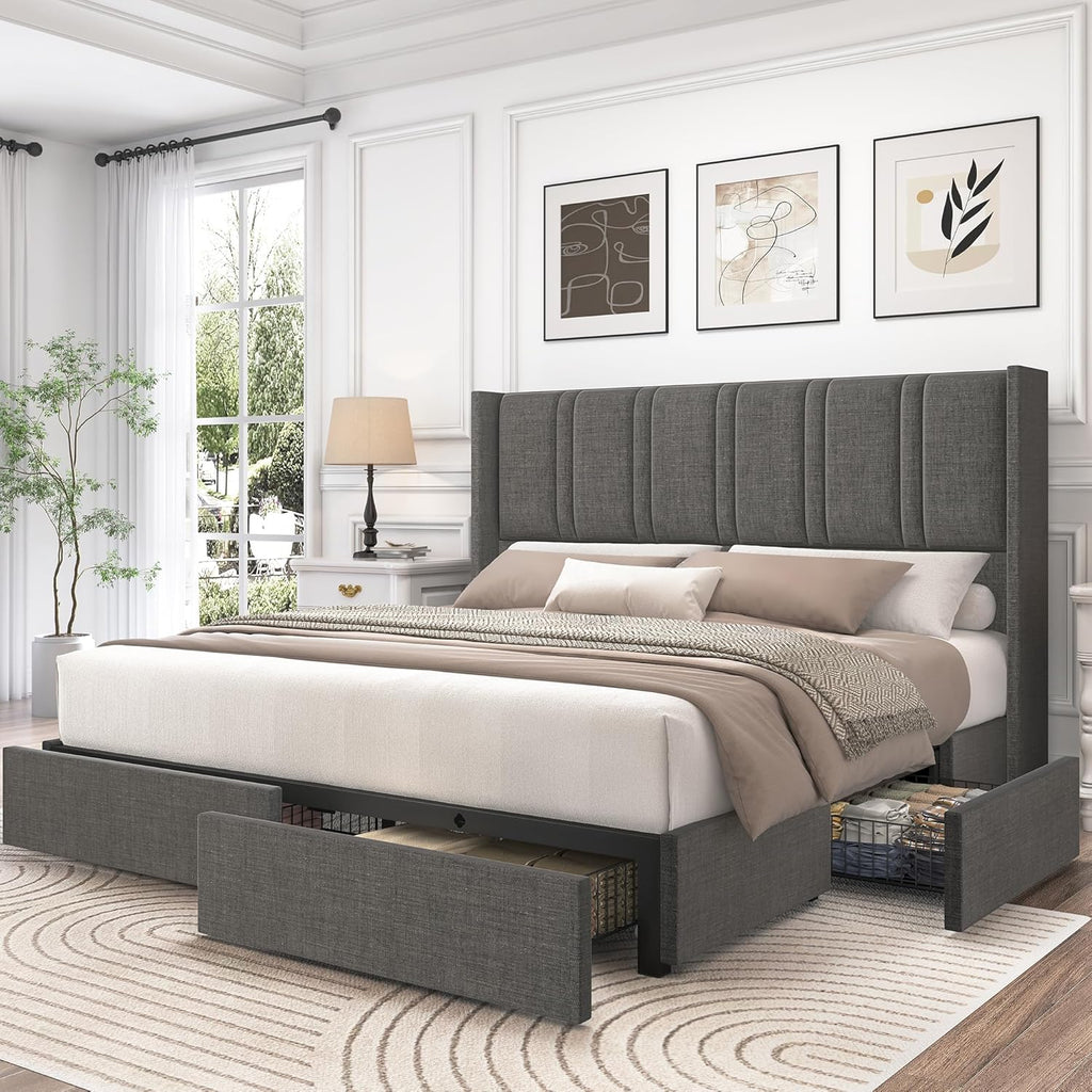 LARMACE King Size Bed Frame with Storage Drawers and Wingback Headboard, Linen Upholstered Platform Bed Frame with Wooden Slats, Easy Assembly, Light Grey