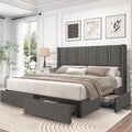 LARMACE King Size Bed Frame with Storage Drawers and Wingback Headboard, Linen Upholstered Platform Bed Frame with Wooden Slats, Easy Assembly, Light Grey