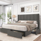 LARMACE King Size Bed Frame with Storage Drawers and Wingback Headboard, Linen Upholstered Platform Bed Frame with Wooden Slats, Easy Assembly, Light Grey