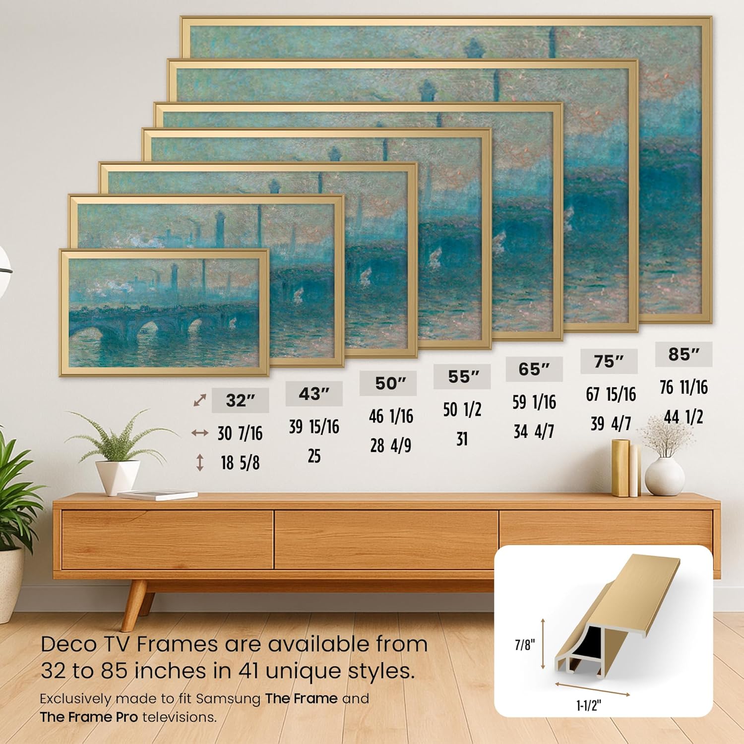 Pale Gold Scoop 65" Alloy Deco TV Frame - Compatible ONLY with Samsung The Frame TV and Pro TVs (Fits 2021-2026  LS03A  LS03B LS03C LS03D LS03FA LS03FW)