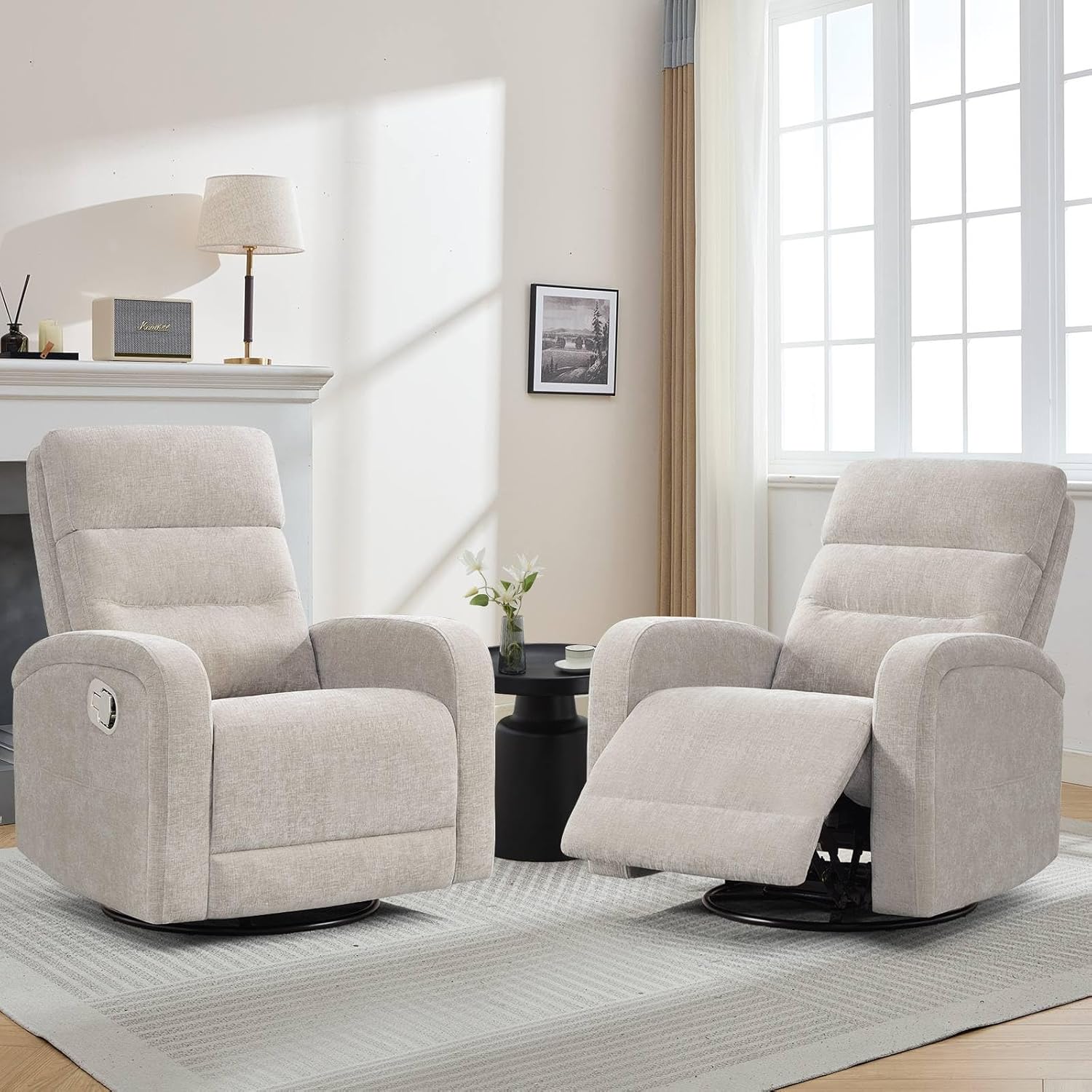 Swivel Rocker Recliner Glider Rocking Chair Nursery, Manual Swivel Recliner Chairs for Living Room, Camel Nursery Rocking Chairs Recliner, Chenille Fabric