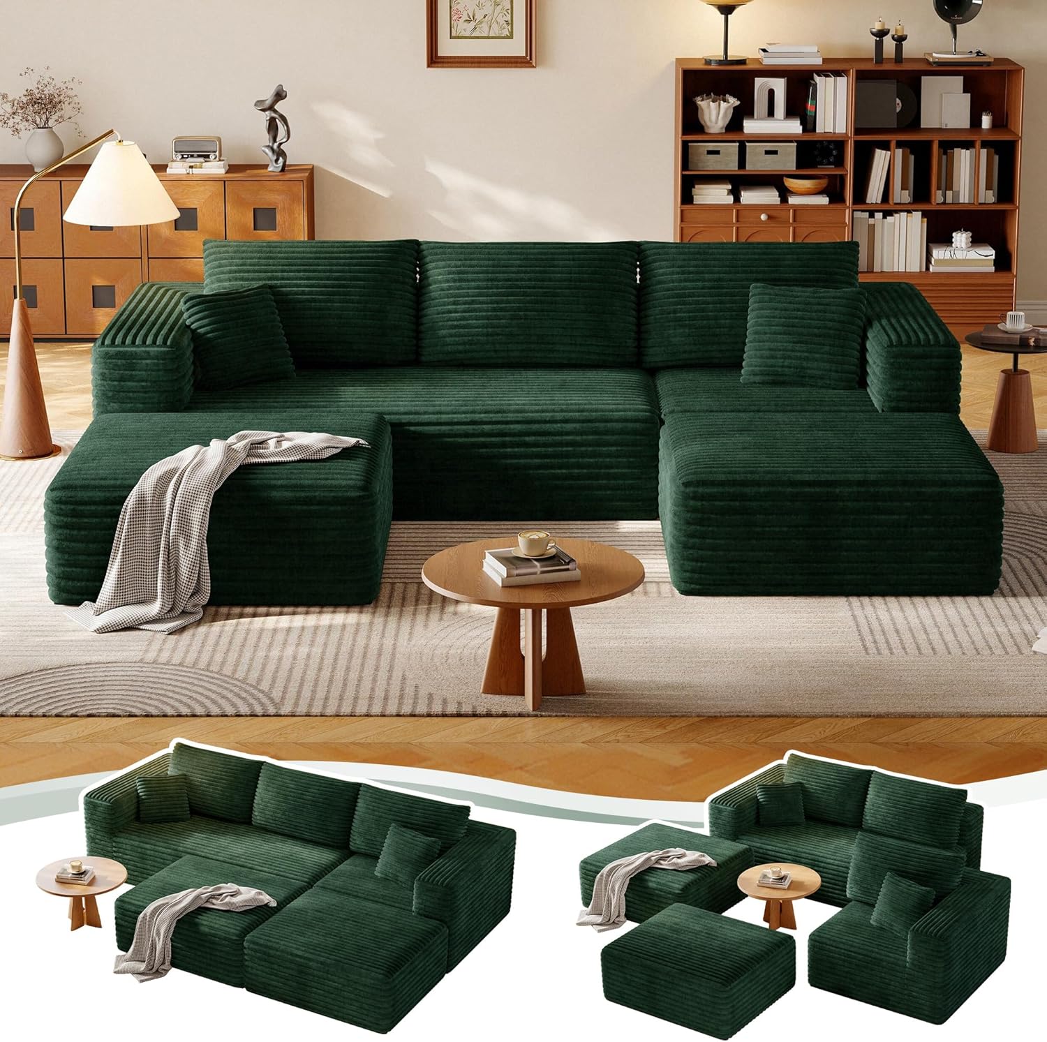 108.2" Modular Sectional Sofa with Deep Seat, Boneless U Shaped Corduroy Couch Modern Comfort, Cloud Couch Oversized for Living Room No Assembly (Green)