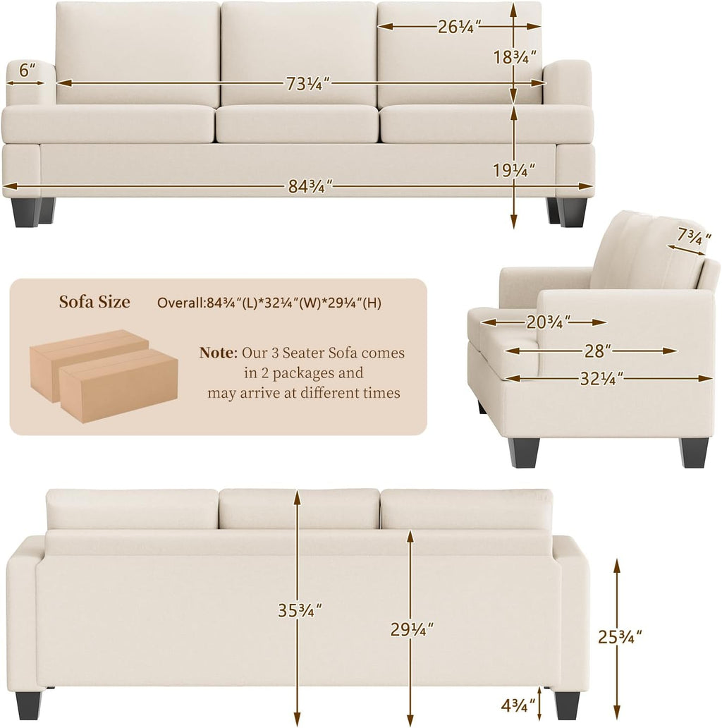 Furnimart 85 inch Deep Seat Sofa, Modern 3 Seater Couch, Beige Linen Sofa, Comfy Cloud Couch for Living Room, Cozy Fluffy Sofas with Removable Sofa Cover, Small Couches for Small Spaces