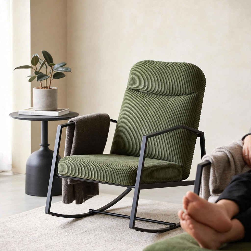 Kinfant Mid Century Modern Rocking Chair, Corduroy Upholstered Accent Chair with Metal Frame, High Back Nursery Glider Rocker, Comfy Reading Lounge Chair for Living Room Bedroom Small Space Green