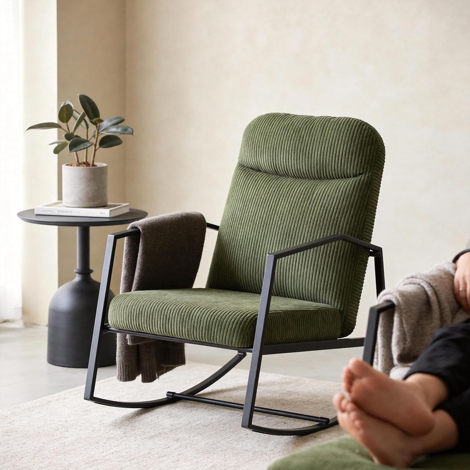 Kinfant Mid Century Modern Rocking Chair, Corduroy Upholstered Accent Chair with Metal Frame, High Back Nursery Glider Rocker, Comfy Reading Lounge Chair for Living Room Bedroom Small Space Green