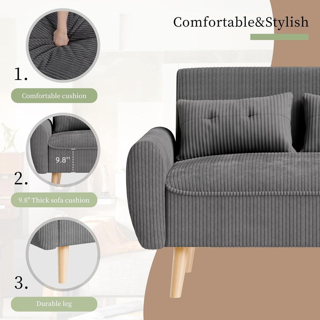 Vongrasig 48" Small Modern Loveseat Sofa, Mid Century Soft Corduroy Fabric 2-Seat Sofa Couch Tufted Love Seat with Back Cushions and Tapered Legs for Living Room, Bedroom and Small Space (Dark Gray)