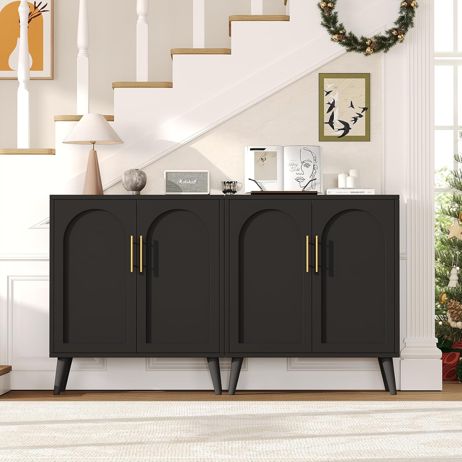 Rovaurx Set of 2 Storage Cabinet with 4 Doors, Modern Accent Bathroom Floor Cabinet, Buffet Cabinet Sideboard with Adjustable Shelves for Living Room, Entryway, Dining Room and Kitchen, Black