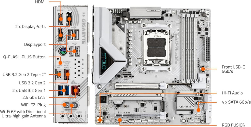 GIGABYTE B850M Eagle WIFI6E ICE AMD AM5 mATX Motherboard, Support AMD Ryzen 9000/8000/7000 Series, DDR5, 8+2+2 Power Phase, 2X M.2, PCIe 5.0, USB-C, WIFI6E, 2.5GbE LAN, EZ-Latch, 3-Year Warranty