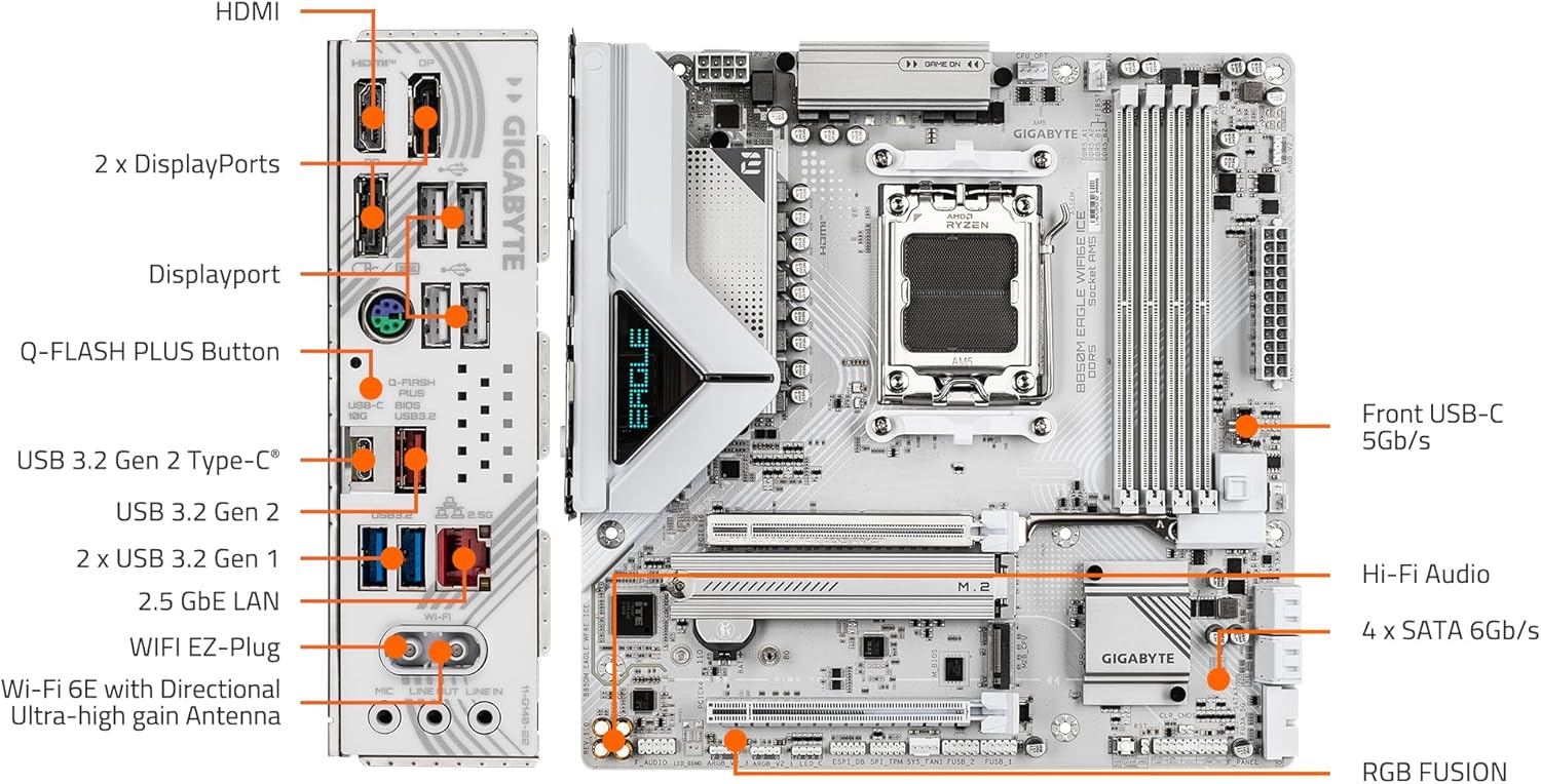 GIGABYTE B850M Eagle WIFI6E ICE AMD AM5 mATX Motherboard, Support AMD Ryzen 9000/8000/7000 Series, DDR5, 8+2+2 Power Phase, 2X M.2, PCIe 5.0, USB-C, WIFI6E, 2.5GbE LAN, EZ-Latch, 3-Year Warranty