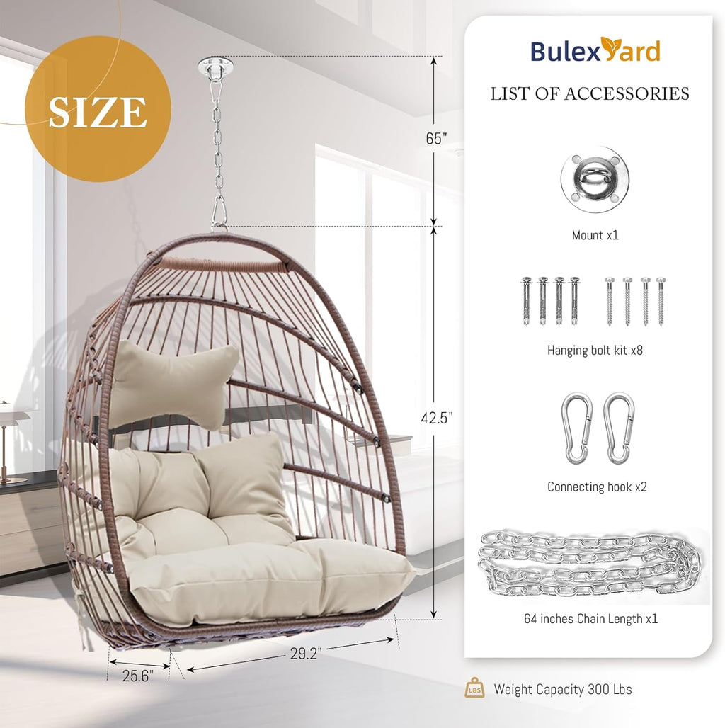 BULEXYARD Heavy-Duty Egg Swing Chair Without Stand, 350 Lbs Foldable Rattan Hanging Hammock with Cushion, All-Weather Basket Seat for Outdoor Patio Bedroom Pergola Tree or Ceiling Mount, Brown Tan