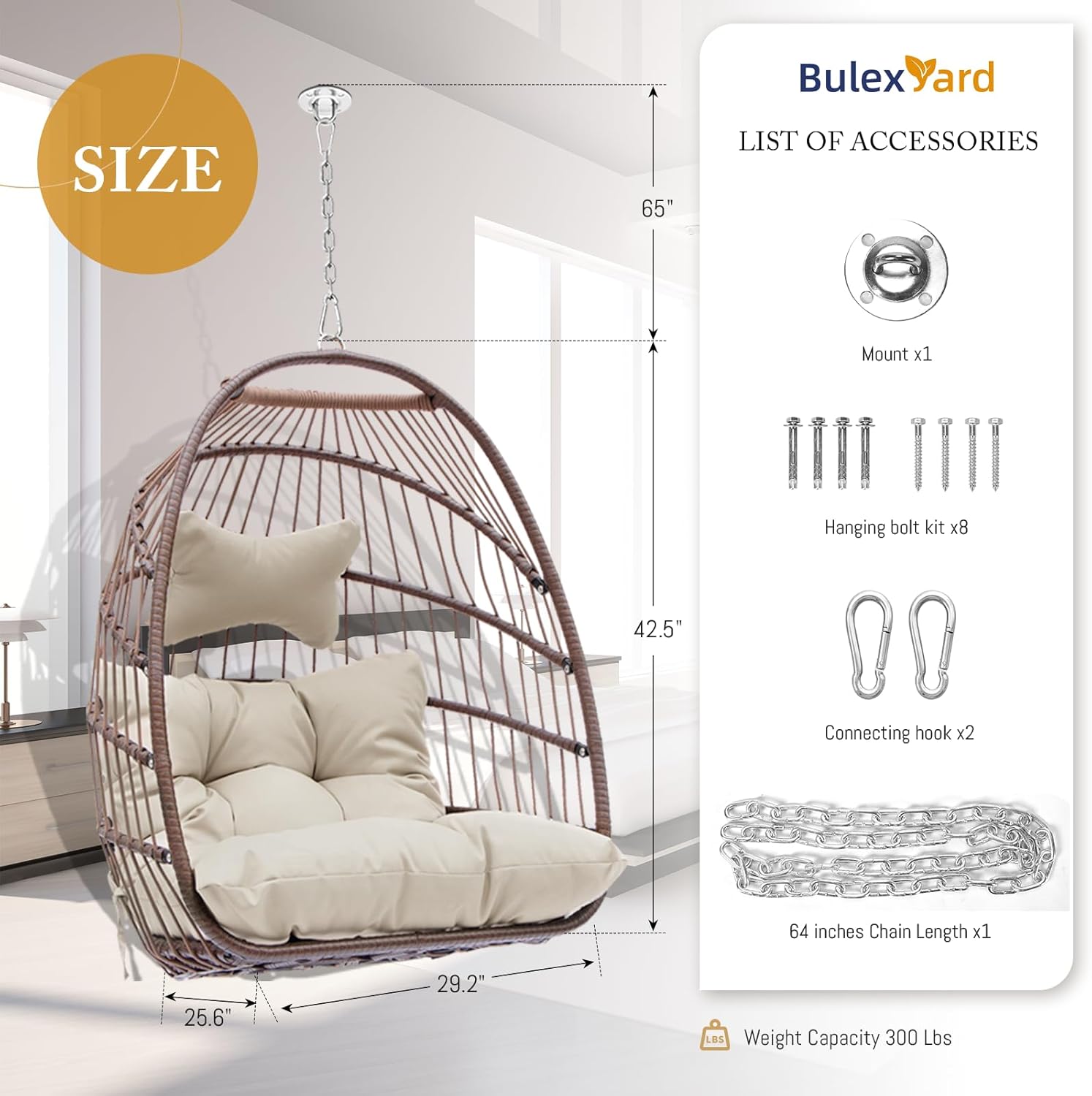 BULEXYARD Heavy-Duty Egg Swing Chair Without Stand, 350 Lbs Foldable Rattan Hanging Hammock with Cushion, All-Weather Basket Seat for Outdoor Patio Bedroom Pergola Tree or Ceiling Mount, Brown Tan