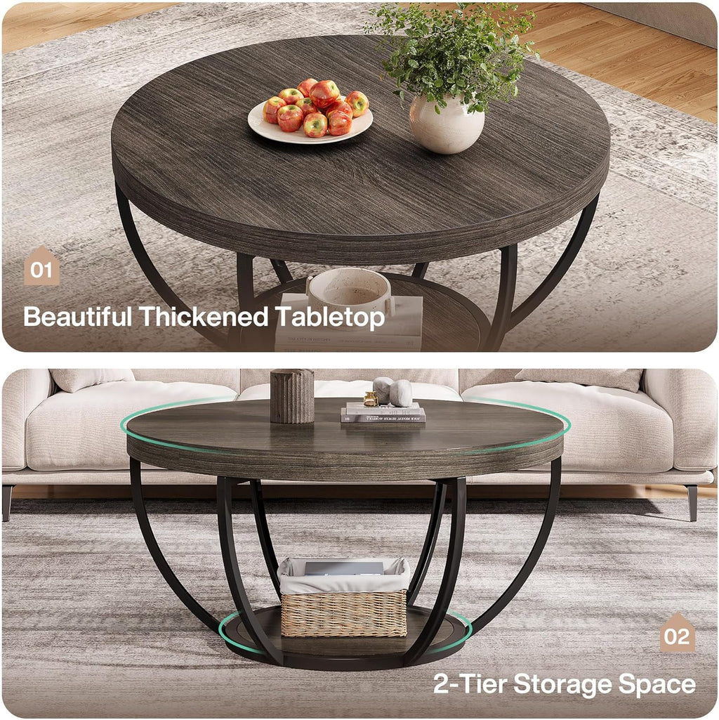 Tribesigns Round Coffee Table, 31.7" Wooden 2-Tier Circle Coffee Table with Storage Shelves, Modern Accent Cocktail Table Center Table for Living Room, Grey