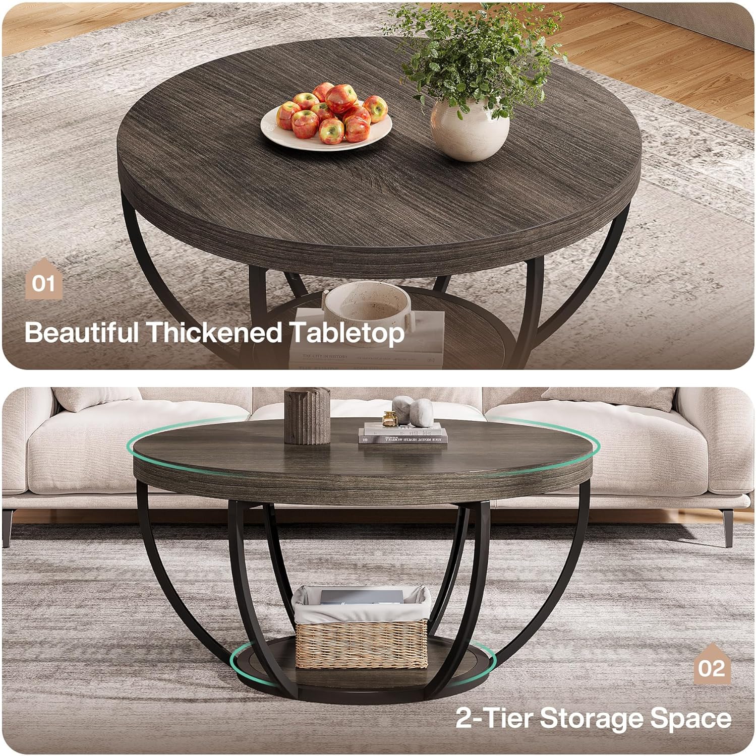 Tribesigns Round Coffee Table, 31.7" Wooden 2-Tier Circle Coffee Table with Storage Shelves, Modern Accent Cocktail Table Center Table for Living Room, Grey