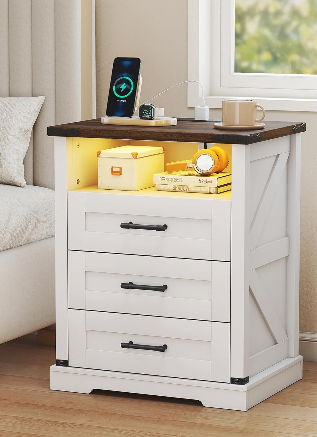 Turosur Night Stand with Charging Station 22" Large Farmhouse Nightstands with 3 Drawers and Open Storage Smart Bedside Table with Human Sensor LED Light End Tables for Bedroom White