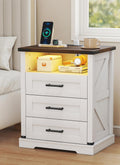Turosur Night Stand with Charging Station 22" Large Farmhouse Nightstands with 3 Drawers and Open Storage Smart Bedside Table with Human Sensor LED Light End Tables for Bedroom White