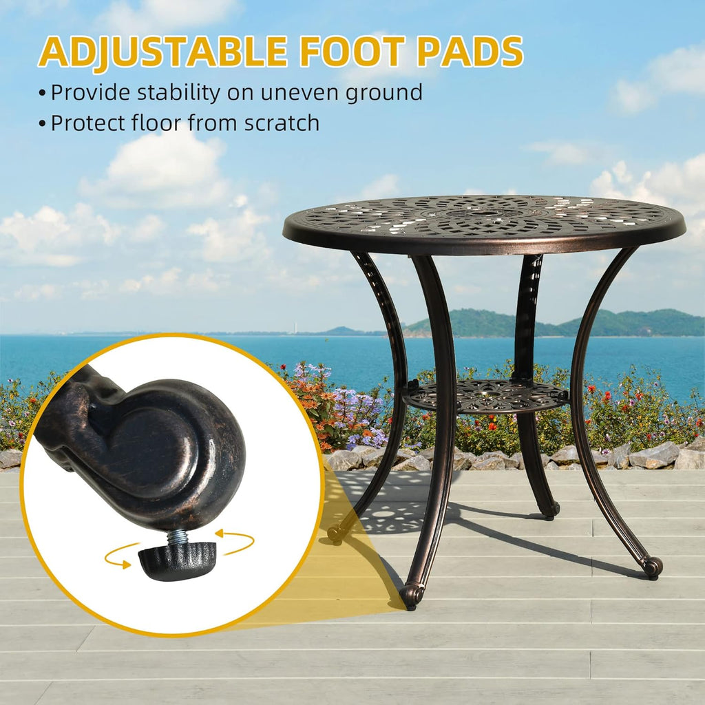 DWVO 30 Inches Round Patio Dining Table with Umbrella Hole, Antique Cast Aluminum Outdoor Bistro Table Outdoor Side Table for Backyard, Garden, Patio, Porch, Hammered Bronze