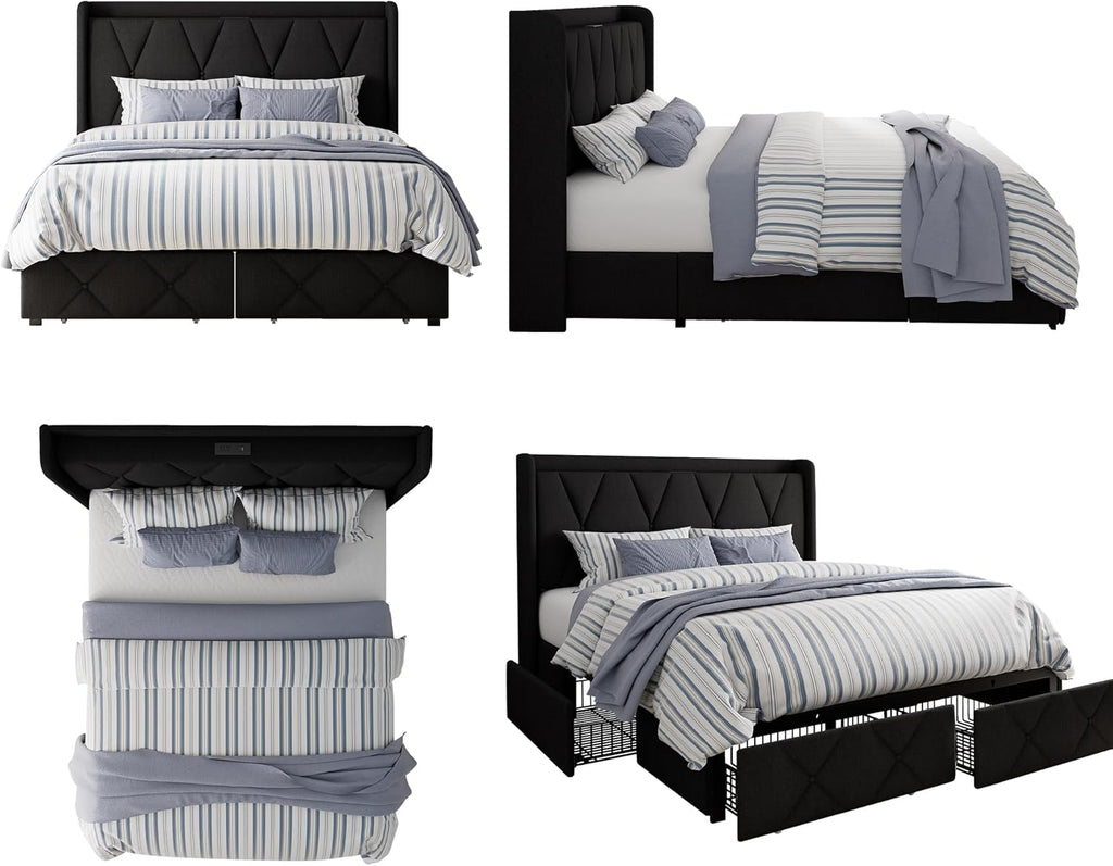 Queen Bed Frame with 4 Storage Drawers, Upholstered Platform Bed with Charging Station, Modern Wingback Storage Headboard, Easy Assembly,Noise-Free, Black