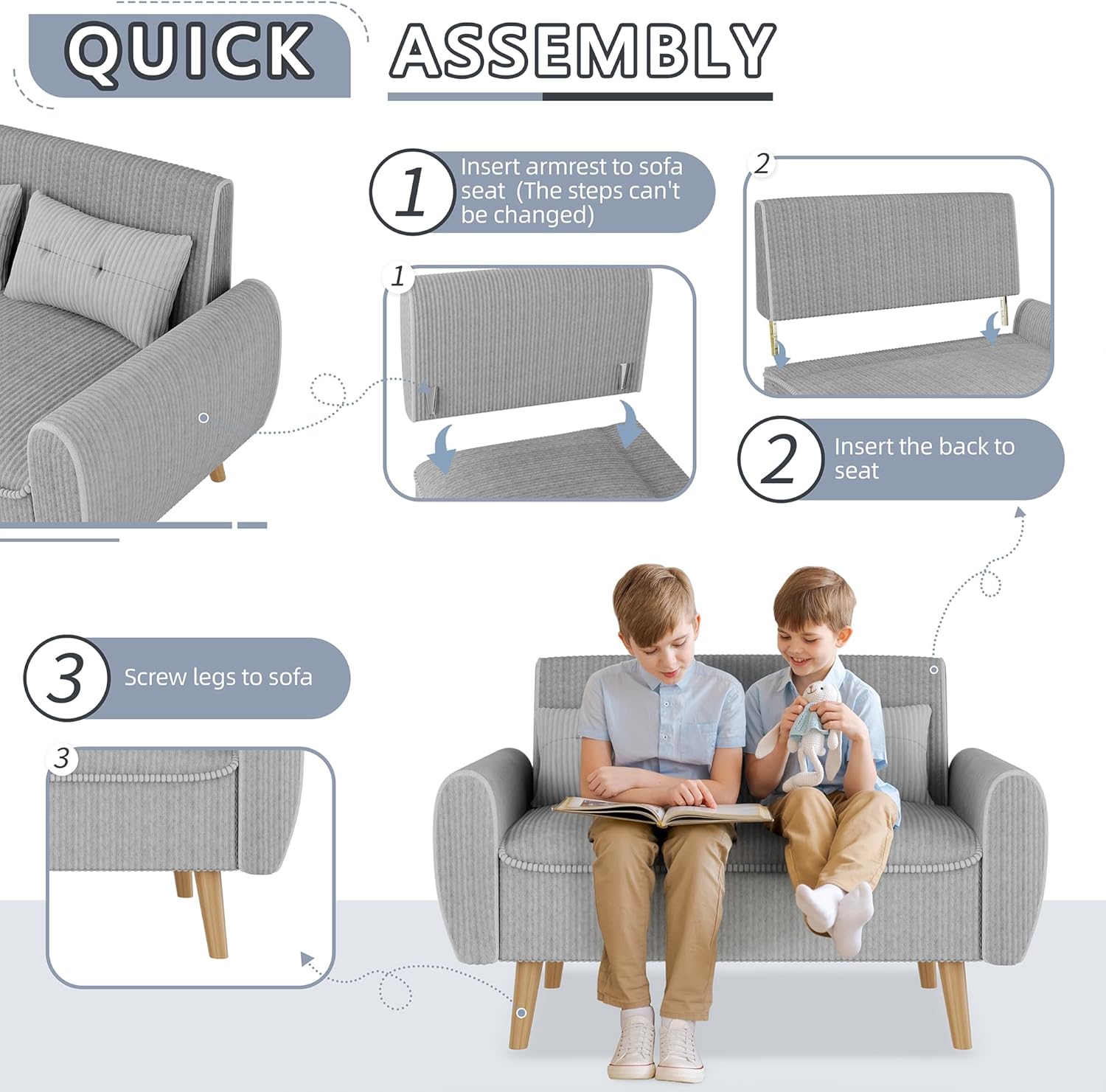 Shintenchi Small Modern Loveseat Couch Sofa, Mid Century Fabric Upholstered 2-Seat Sofa Couch Love Seats Furniture for Small Space,Living Room,Studio,Apartment with 2 Pillows,Light Grey