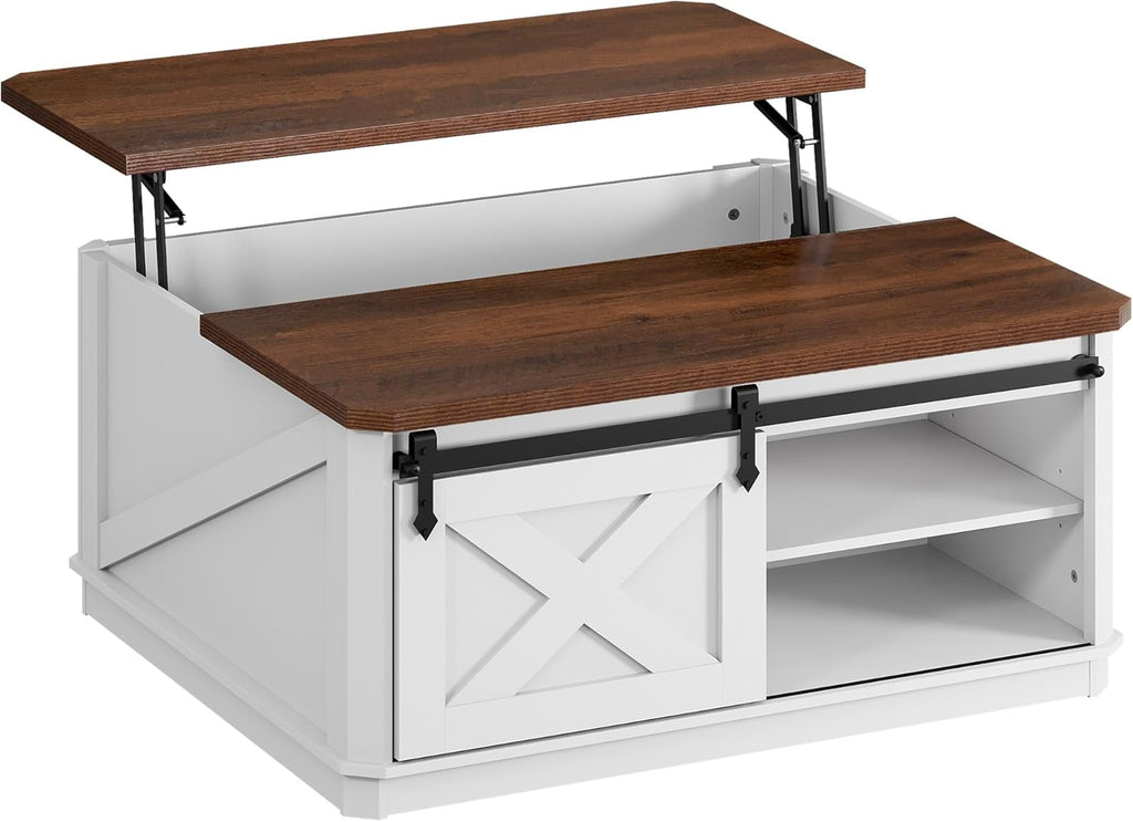 WLIVE Framhouse Coffee Table with Storage, 35.5" Lift Top Coffee Table for Living Room, Square Center Table, Rustic Cocktail Table with Sliding Barn Doors, Curevd Base, White