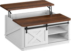 WLIVE Framhouse Coffee Table with Storage, 35.5" Lift Top Coffee Table for Living Room, Square Center Table, Rustic Cocktail Table with Sliding Barn Doors, Curevd Base, White