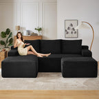 96" U-Shape Cloud Couch, Modern Modular Sectional L-Shape Sofa with Ottoman, Corduroy Upholstered Couches Deep Seat Sleeper Chaise Longue for Living Room, No Assembly Required(Black, Left Facing)