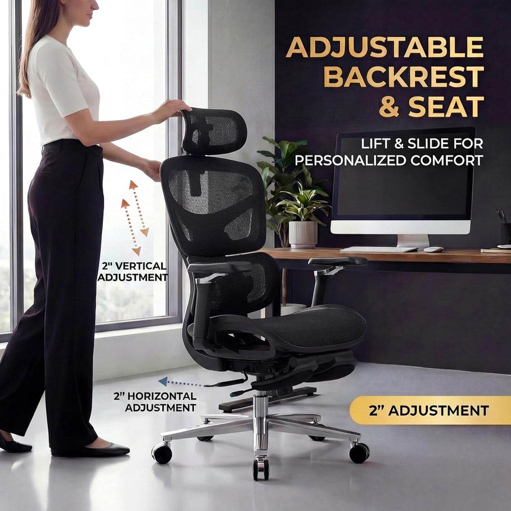 Ergonomic Office Chair with Footrest & Massage Lumbar Support – 4D Headrest & 6D Armrests, Reclining Big and Tall 400LBS Mesh Chair, Adjustable Seat Depth & Back Height, for Home Office/Gaming (Black)