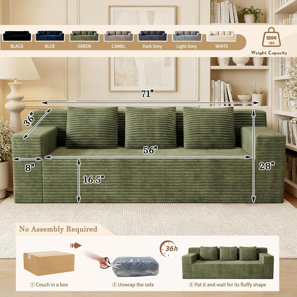 Kurhwyss 71" Corduroy Living Room Sofa, 3 Setaser Deep Seat Couch with 3 Lumbar Pillows, Comfy Boneless Sofa Modern Compressed Couch for Bedroom, Office, Apartment, No Assembly, Flat Armrests (Green)
