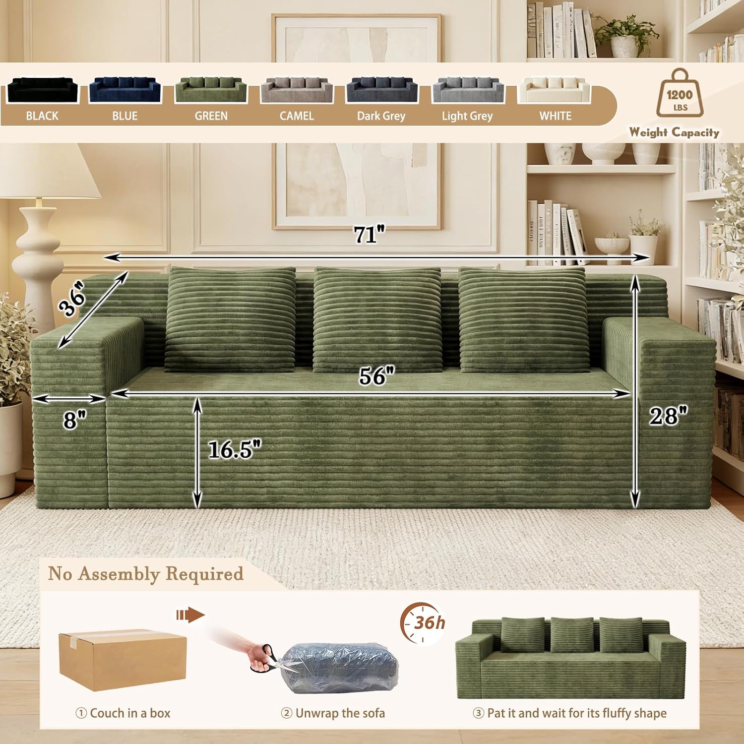 Kurhwyss 71" Corduroy Living Room Sofa, 3 Setaser Deep Seat Couch with 3 Lumbar Pillows, Comfy Boneless Sofa Modern Compressed Couch for Bedroom, Office, Apartment, No Assembly, Flat Armrests (Green)