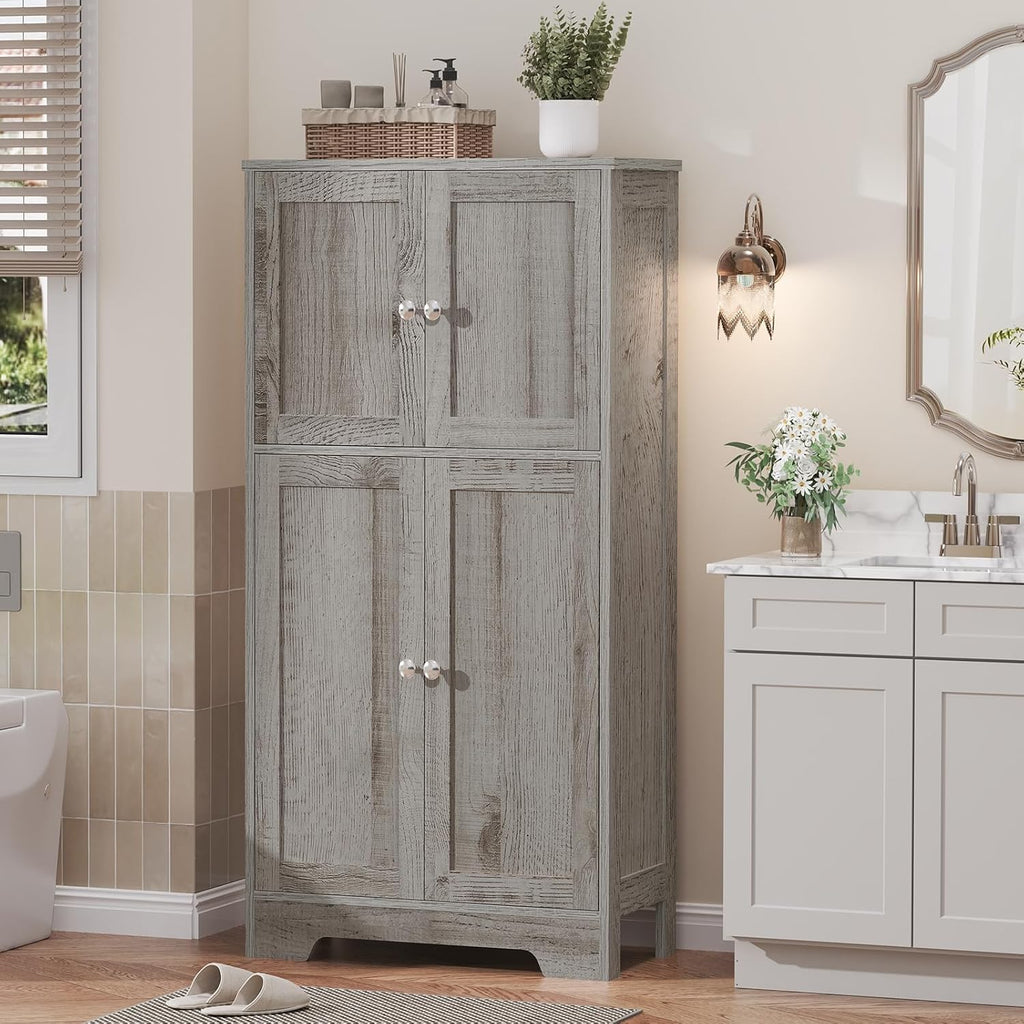 TEENFON Bathroom Floor Storage Cabinet, Freestanding Bathroom Storage Unit with 2 Adjustable Shelves & 4 Doors, 11.8 x 23.6 x 42.7 Inches, Grey