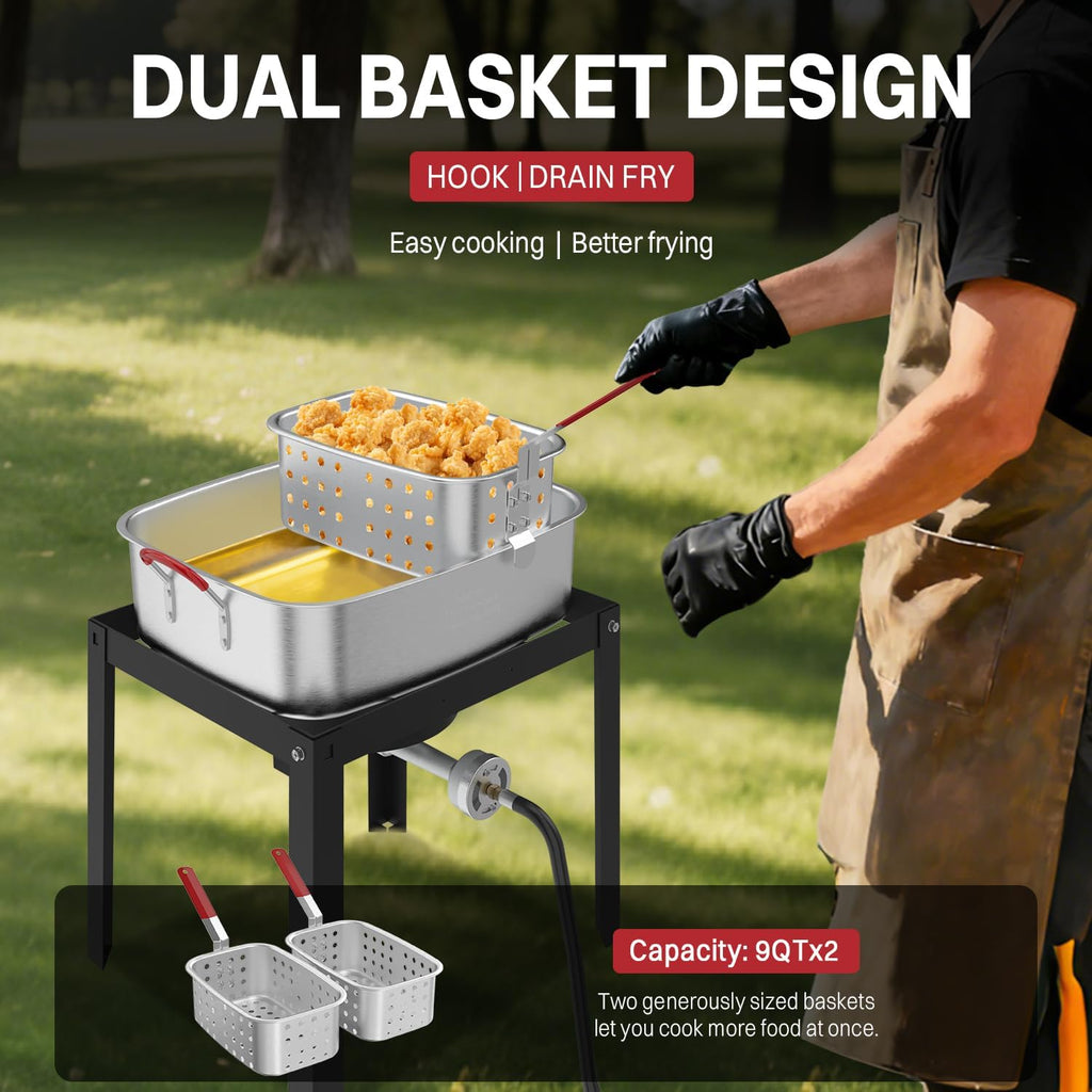 18QT Outdoor Propane Fish Fryer | 50,000 BTU Propane Deep Fryer | Includes 2 Baskets | Lid | Cover | 9" Fryer Tong & 6" Thermometer | Perfect for Cooking Fish, Chicken Wings, and Fries