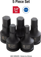 SUNEX TOOLS 4507, 3/4 Inch Drive Impact Hex Driver Set, 5-Piece, Metric, 14mm-24mm, Cr-Mo Steel, Dual Size Markings, Heavy Duty Storage Case