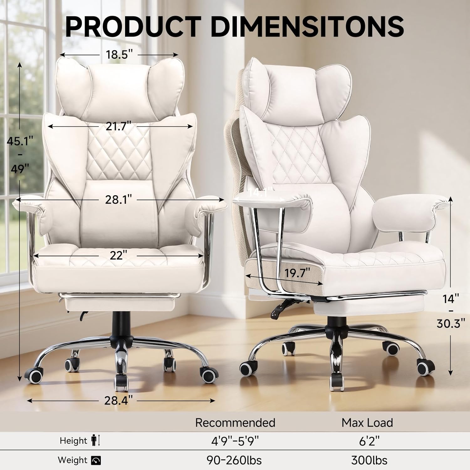 COMHOMA Big and Tall Office Chair, High Back Leather Gaming Chair with Footrest, Executive Ergonomic Office Chairs with Pocket Spring Lumbar Support and with Outward Fixed Soft Armrests