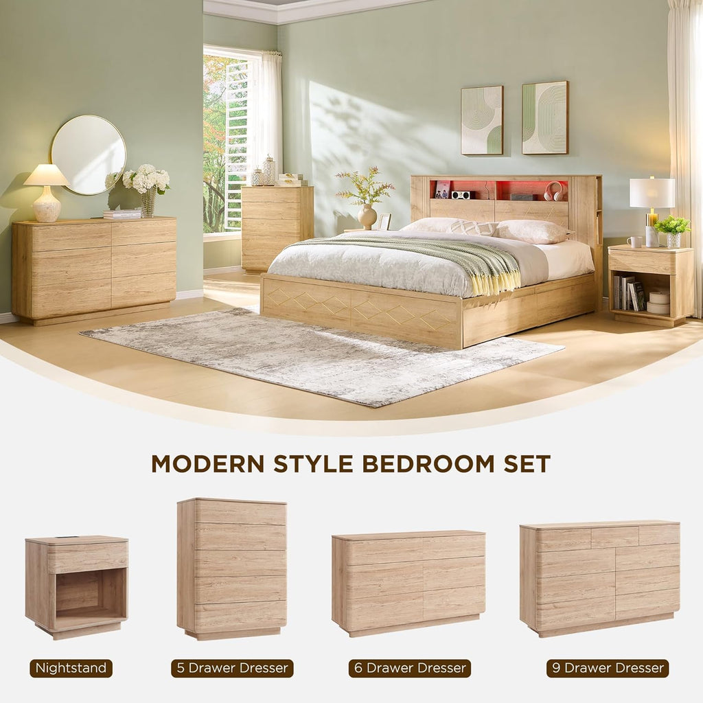 JXQTLINGMU 9 Drawer Dresser for Bedroom, 52" Wide Modern Wood Dressers with Push-to-Open Drawers for Closet Storage, Chest of Drawers TV Stand for Living Room & Hallway, Curved Profile, Natural