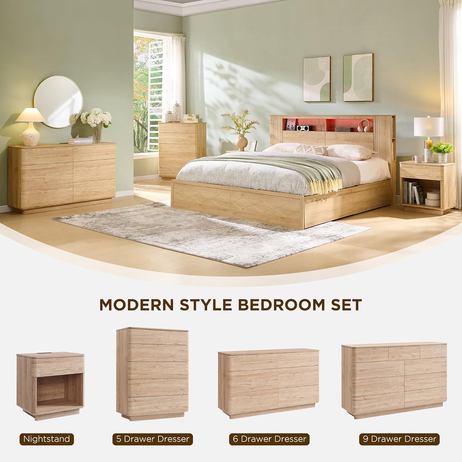 JXQTLINGMU 9 Drawer Dresser for Bedroom, 52" Wide Modern Wood Dressers with Push-to-Open Drawers for Closet Storage, Chest of Drawers TV Stand for Living Room & Hallway, Curved Profile, Natural