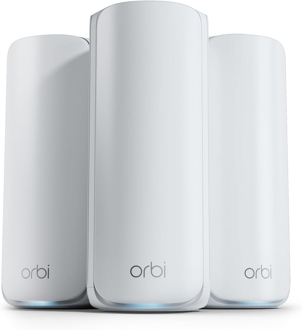 NETGEAR Orbi 770 Series Tri-Band WiFi 7 Mesh Network System (RBE773) - Router + 2 Satellite Extenders  Security Features  Up to 11Gbps  Covers up to 8 000 sq. ft.  100 Devices  2.5 Gig Internet Port