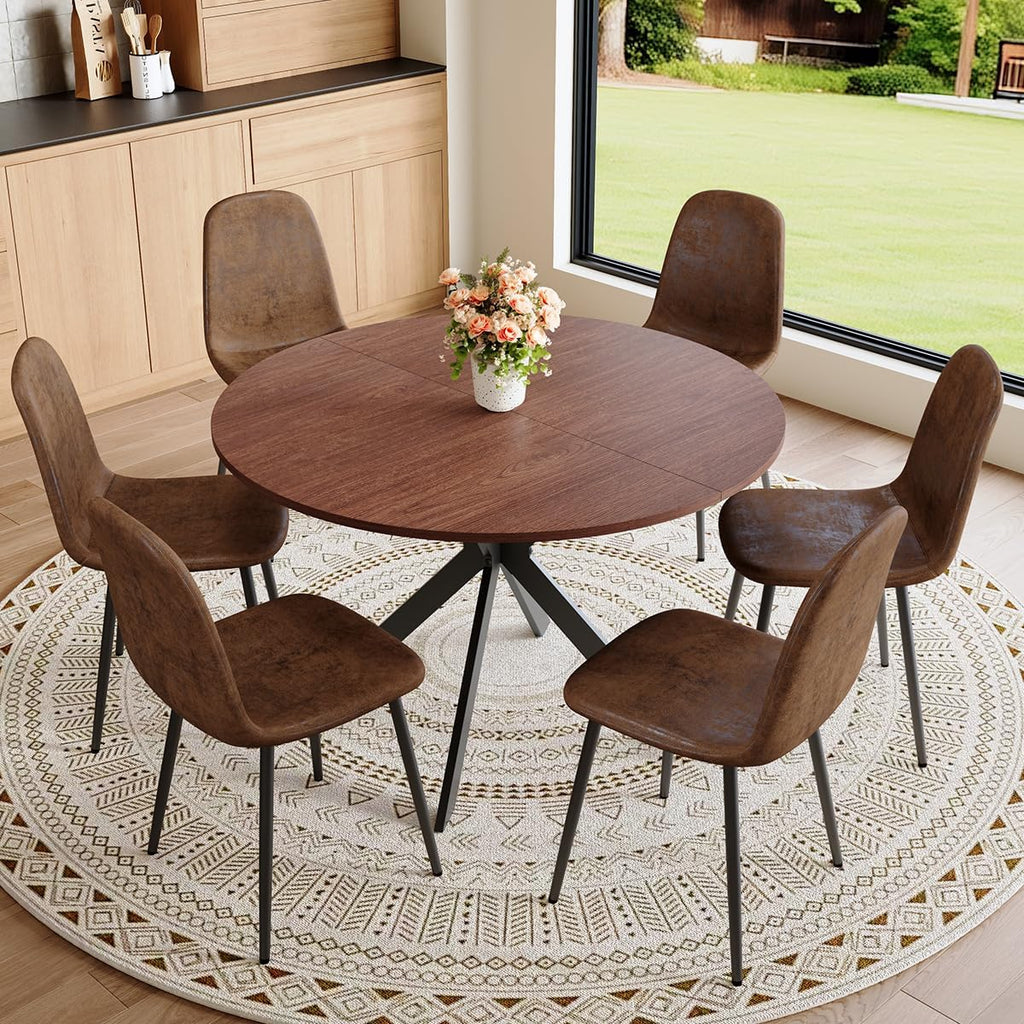 Round Dining Table Set for 6｜42"-54" Extendable Dining Room Table Set｜Wooden Kitchen Table with 6 Chairs｜Mid Century Modern Dinner Table Set with Cross Legs｜Easy Assembly｜Space Saving