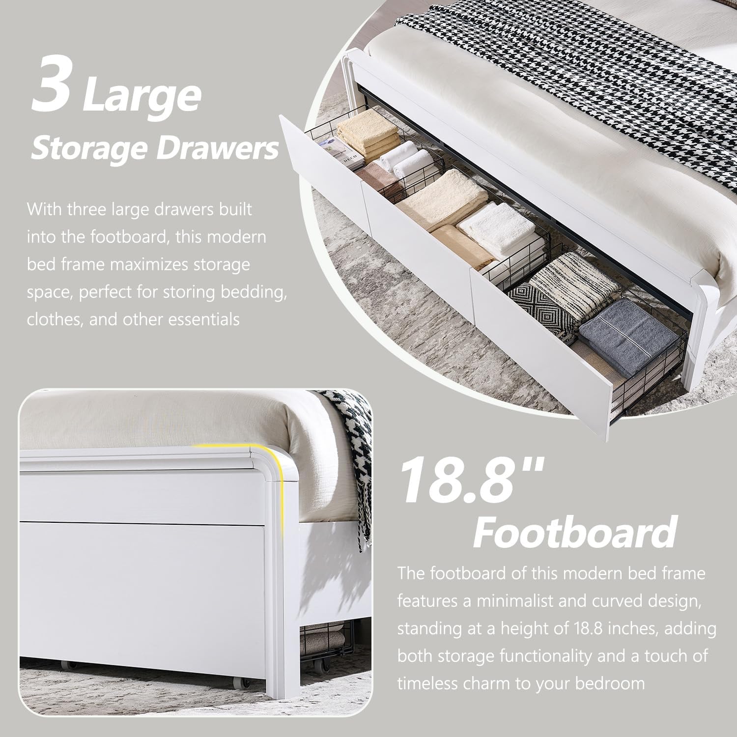 Modern King Size Bed Frame with 50" Tall Headboard, Wood King Size Platform Bed Frame w/3 Storage Drawers, Curved Profile Design, Wood & Steel Platform Bed, No Box Spring Needed, White
