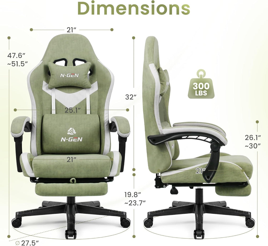 N-GEN GAMING Video Gaming Chair with Footrest Lumbar Support for Home Office High Back Recliner Height Adjustable Ergonomic Comfy Fabric Computer Desk Chair (Green)