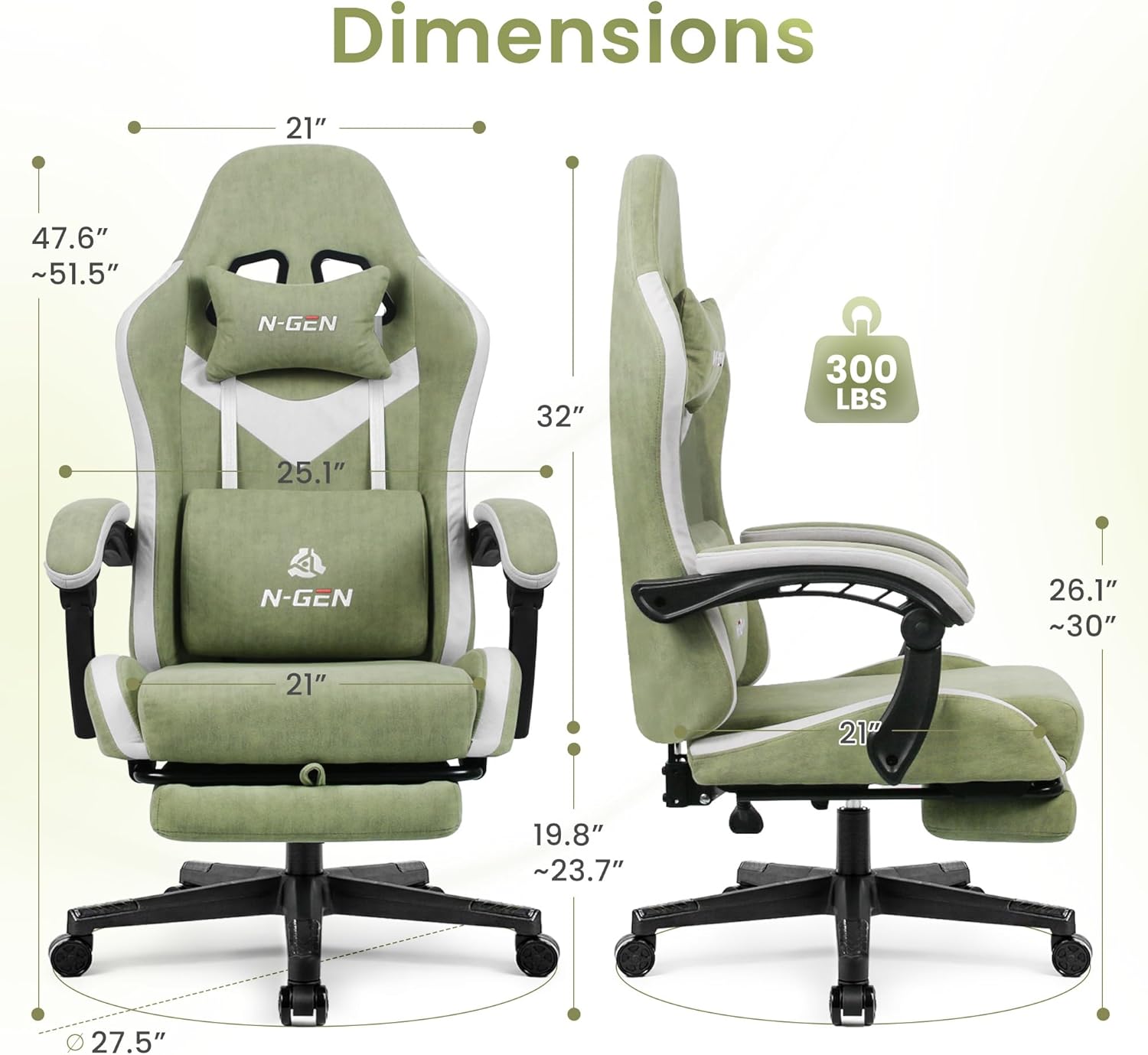 N-GEN GAMING Video Gaming Chair with Footrest Lumbar Support for Home Office High Back Recliner Height Adjustable Ergonomic Comfy Fabric Computer Desk Chair (Green)