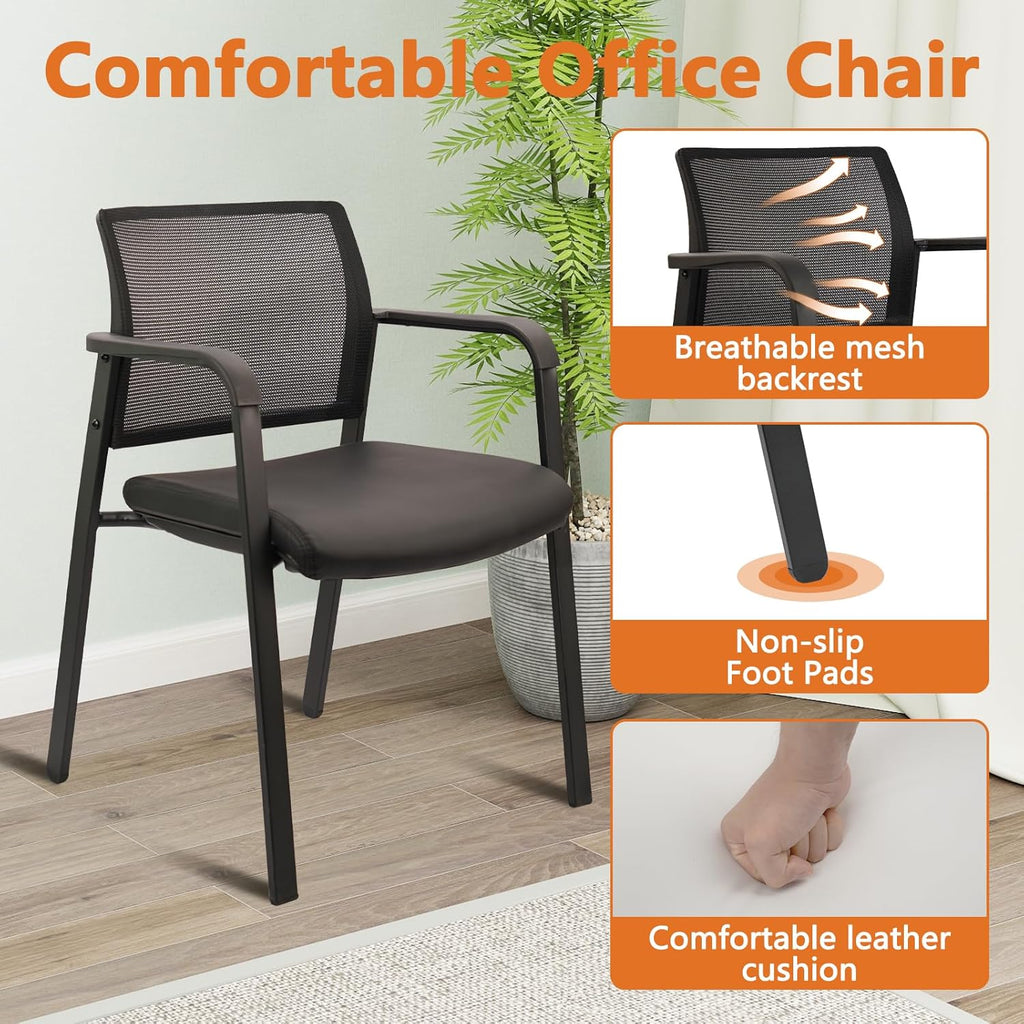 CLATINA Stackable Office Chair, Mesh Back Guest Chairs with Comfortable Leather Seat Arms Stacking Ergonomic Desk Chair No Wheels for Conference Waiting Reception School Stationary, Set of 4, Black