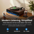 Hi-Fi Record Player with Speakers | Premium Vinyl Turntable with Bluetooth Capability | Built-in 4-Speaker Stereo System for Music Fans  Walnut Veneer + Black Trim