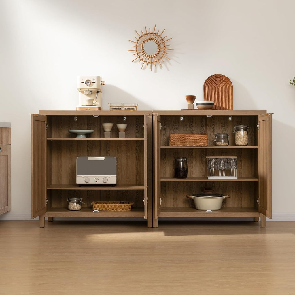 SICOTAS Sideboard Buffet Cabinet with Large Storage : Boho Rattan Credenza Coffee Bar Storage Cabinet with Adjustable Shelves, Farmhouse Console Cabinets for Kitchen, Living Room, Entryway, Oak, 2 PCS