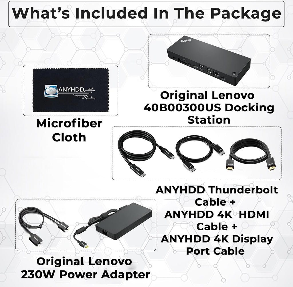 40B00300US Lenovo Docking Station USB C Bundle - 1 Year Warranty  Supports 4K Display  Thunderbolt 4 Dock with 300W Adapter  Anyhdd HDMI  DisplayPort  Thunderbolt Cables & Cloth