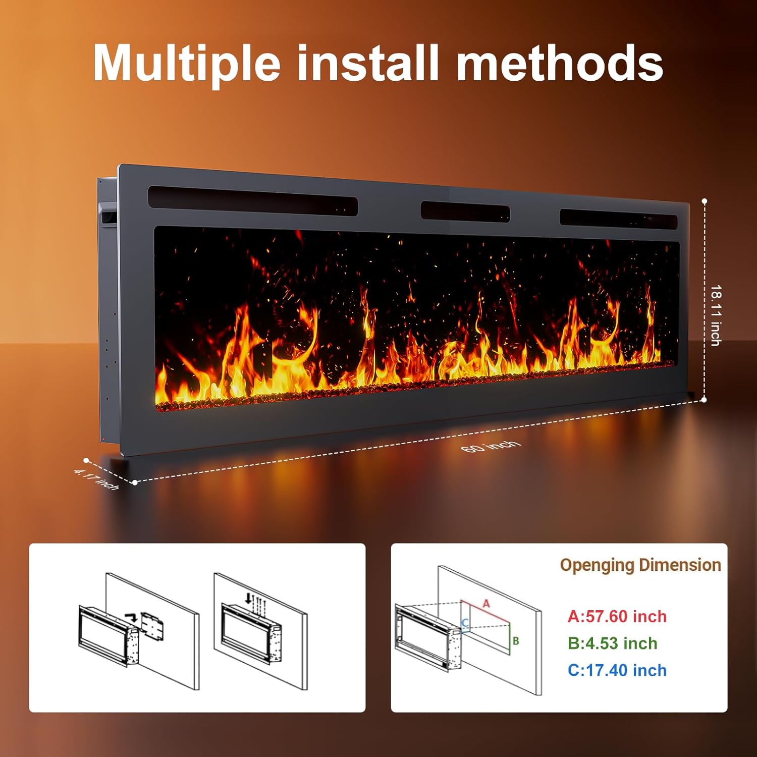 60Inch Electric Fireplace Wall Recessed/Wall Mounted with Adjustable Flame Color, Fireplace Heater with Remote Control, Linear Fireplace with 8 Timer, Touch Screen, 750/1500W (60")