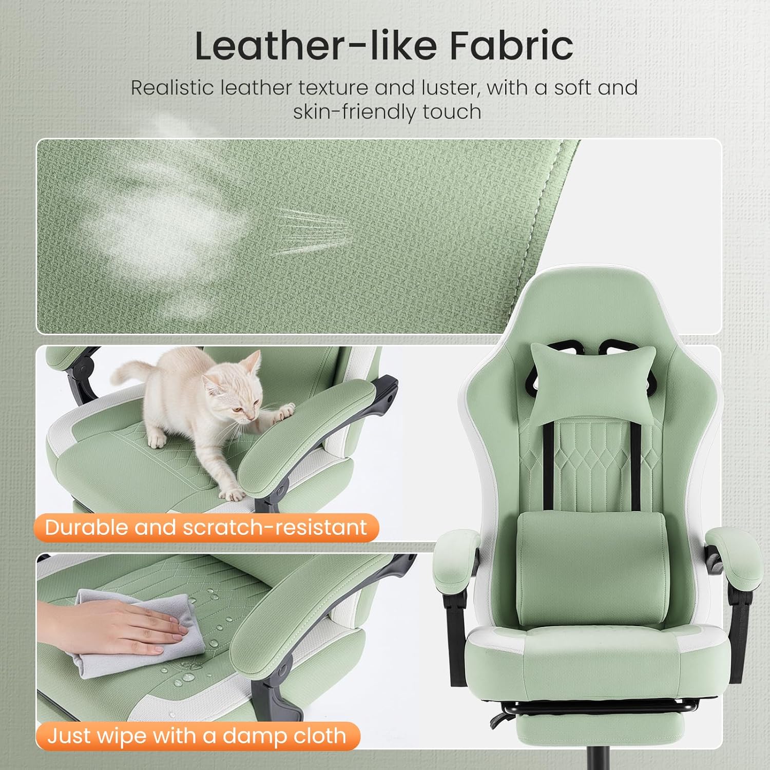 Sweetcrispy Computer Gaming Chair - High Back Ergonomic Desk Chair with Footrest and Lumbar Support, Height Adjustable with Linkage Armrests and Headrest, 360° Swivel Wheels, Fabric, Green