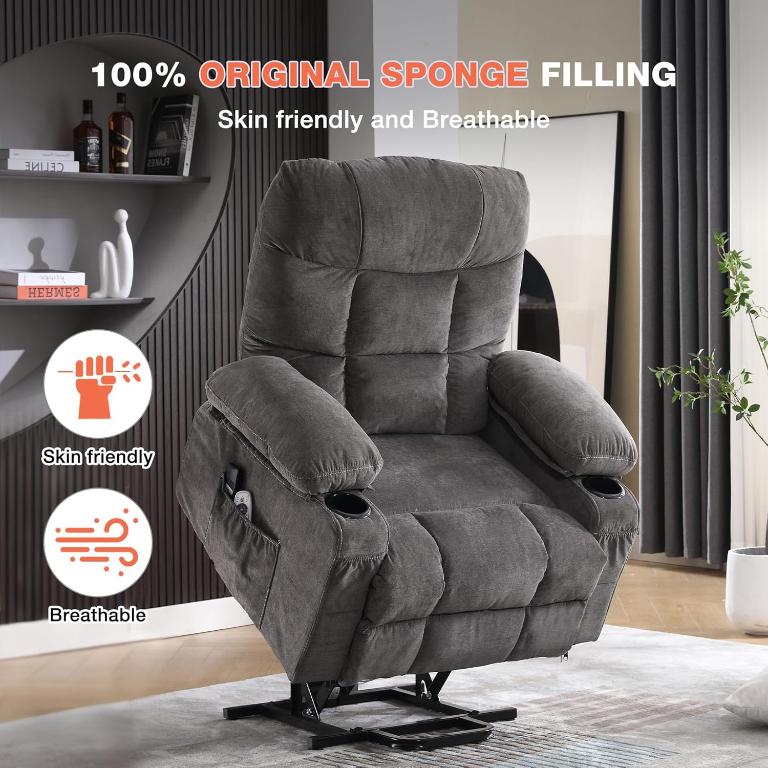 Power Lift Recliner Chair for Elderly with Vibration Massage and Lumbar Heating, Electric Lift Recliner Single Sofa with Side Pocket, Two Cup Holders and USB Charge Port for Living Room
