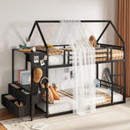 LIKIMIO Bunk Bed Twin Over Twin, House Bed Frame with 6 Storage Drawers,Hall Tree, Twin Bed with Metal Slats for Dormitory and Bedroom, Space Saving, No Box Spring Needed, Black
