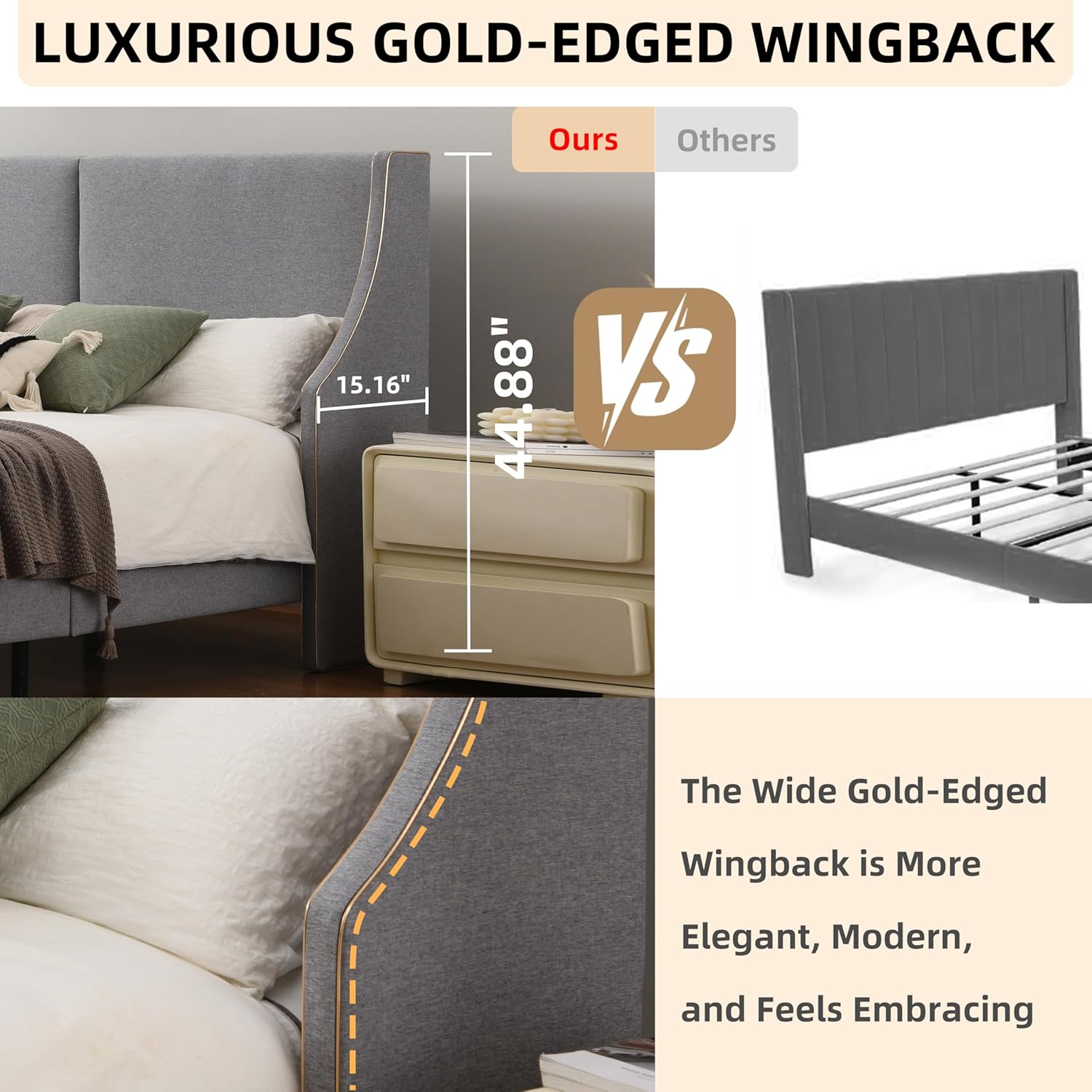King Size Upholstered Platform Bed Frame with Wingback Headboard, Linen Fabric & Wooden Slats Support, Modern Golden PVC Material Edge for Bedroom,No Box Spring Needed, Easy to Assemble, Grey