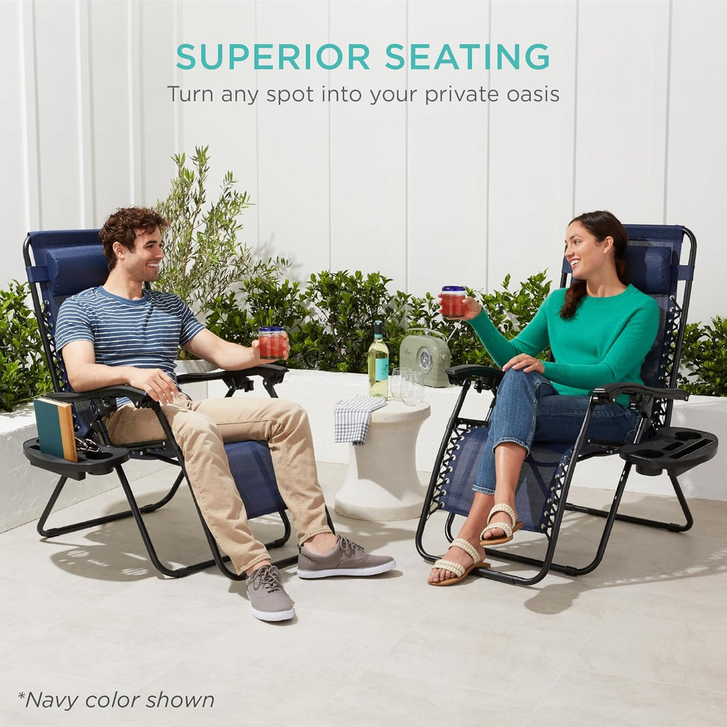 Best Choice Products Set of 2 Adjustable Steel Mesh Zero Gravity Lounge Chair Recliners w/Pillows and Cup Holder Trays - Black Striped